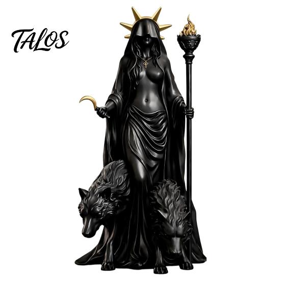 Kompakte gruselige Dekoration Hekate Griechische Göttin Statue mit magischen Hunden, Fantasy-Thema Okkultes Zimmerdekor Harzskulptur, Mythologische Figur für