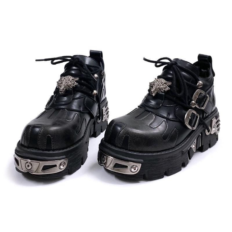 Retro Rock Dark Punk Small Leather Shoes Metal Splicing Men And Women With The Same Niche Flame Low-Top Heightening Big Head Shoes