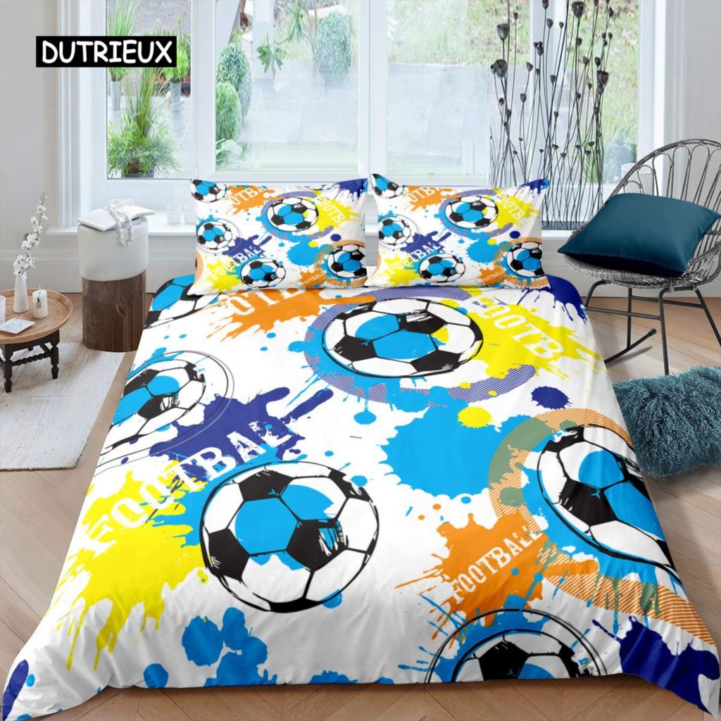 

Футбольный комплект пододеяльников с рисунком футбольного мяча Комплект постельного белья с спортивной тематикой Микрофибра Цветной гранж-стиль Двуспальное одеяло King EU single(135x200cm)