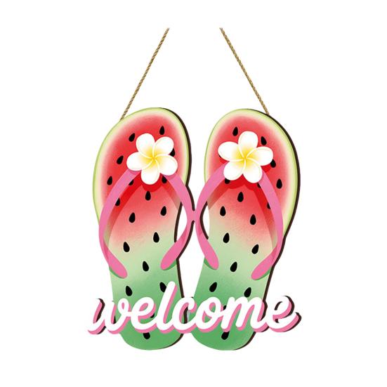 Summer Slippers Hanging Sign Flip Flop Shape Welcome Door Sign Rustic Watermelon Ice Cream Wooden Wreath for Farmhouse Front Door Patio Balcony Wall