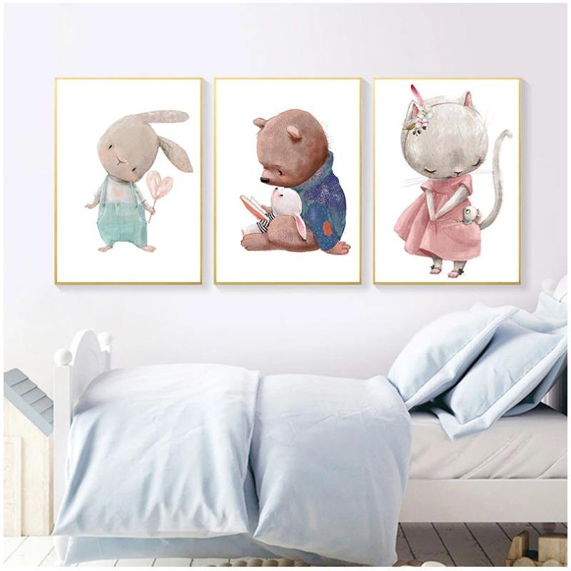 Bear Rabbit Art Canvas Print Baby Bunny Poster Nursery Painting Flower Animals Wall Art Nordic Poster Picture Kids Room Decor