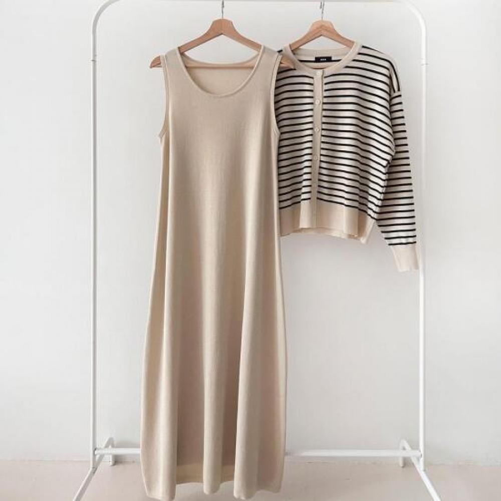 New Arrivals Open Run Stripe Knit Round Neck Cardigan Knit Dress 2 Set
