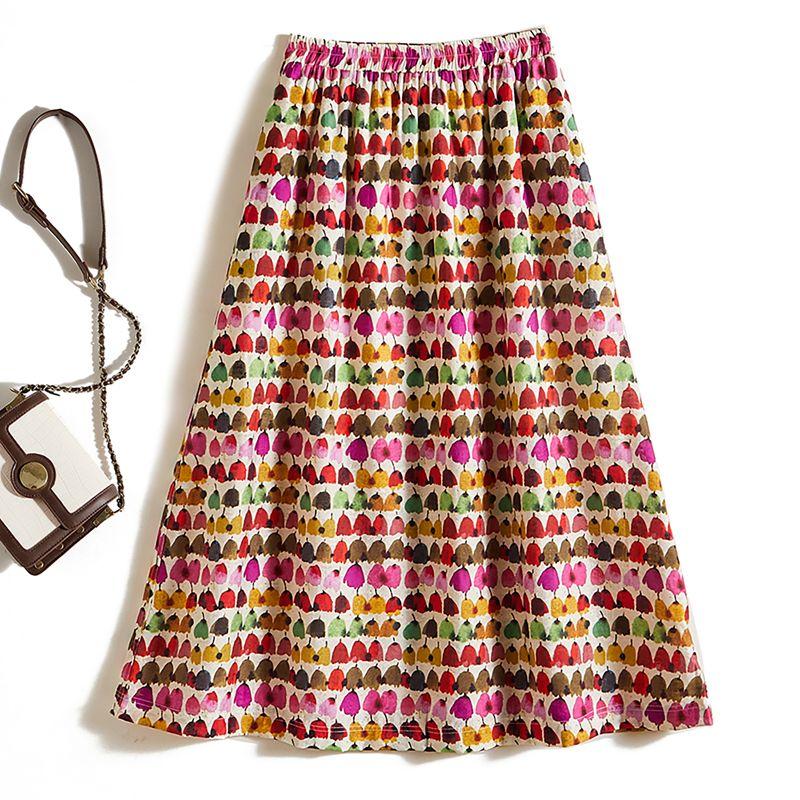 

Rainbow Colors! Girl s New Summer Elastic Waist Ramie over the Knee A Word Anti-Wrinkle Skirt Breathable Sweat-Absorbent Cartoon XL