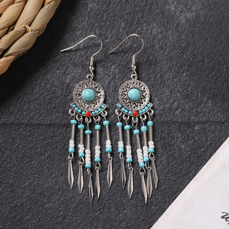 Bohemian earrings retro personality simple long fringed earrings women's high-end vacation style earrings