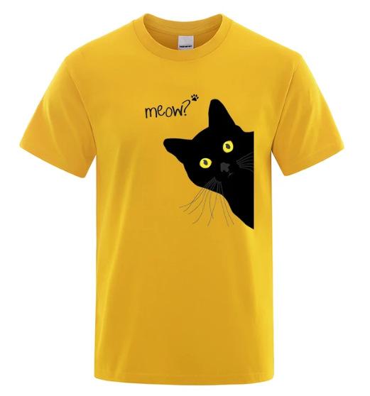 Meow Black Cat Funny Cotton Printed Unisexs and Womens Personalized Tshirt New Fashionable Loose Casual Round Neck Tshirt