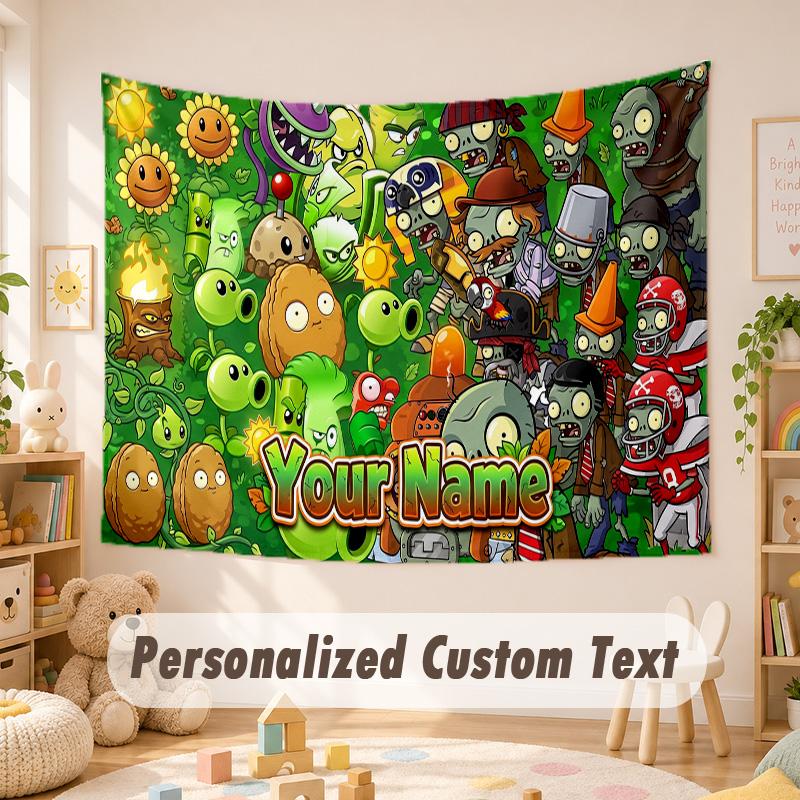 Custom Name Text Tapestry,Plants Vs. Zombie Boho Wall Hanging, Decorative Backdrop Tapestry For Room