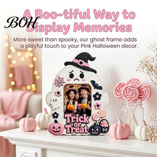 Festive Home Accents Halloween Wooden Photo Frame, Cute Ghost Pumpkin Picture Childlike Ornament Rustic Holder for Holiday Table Centerpiece