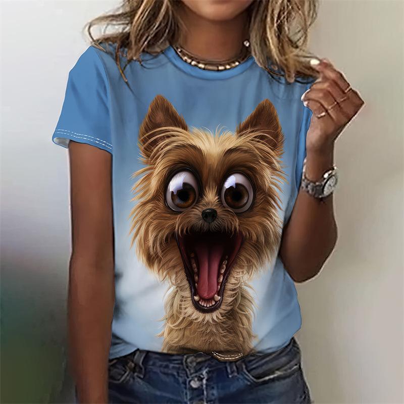Tägliches Rundhals-Sommer-Damen-T-Shirt mit kurzen Ärmeln, 3D-Druck, kleiner Hund, lässiges T-Shirt