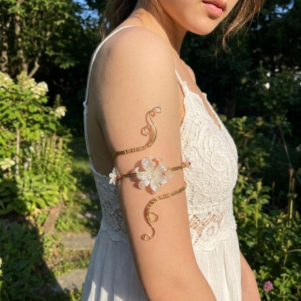 Gold Color Metal Flower Cuff Bracelet Enamel Glaze Craft Open Arm Ring Beach Vacation