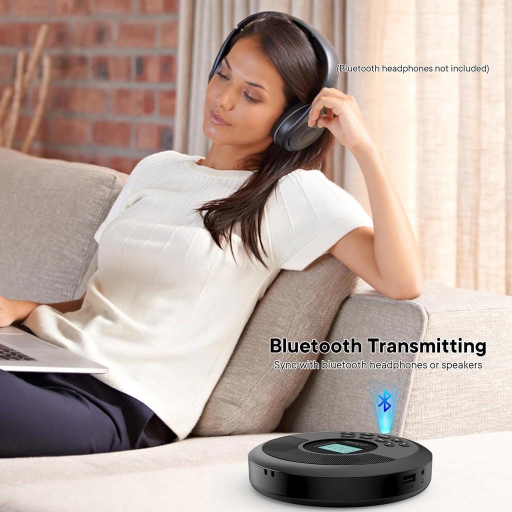 Portable CD Player with Speakers and Bluetooth: Rechargeable Discman with Headphones, Anti-Skip Protection-CD/MP3/USB/BT Transmit/AUX