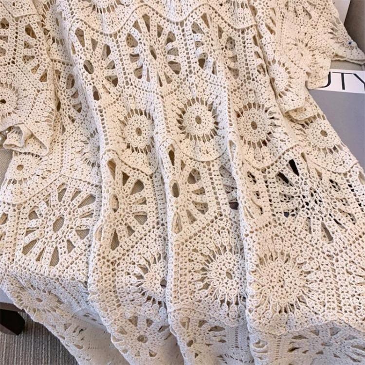 2024 Summer Women Lace Long Knitted Dress Casual Loose Sleeve Basic White Dress New Dimanaf Fashion