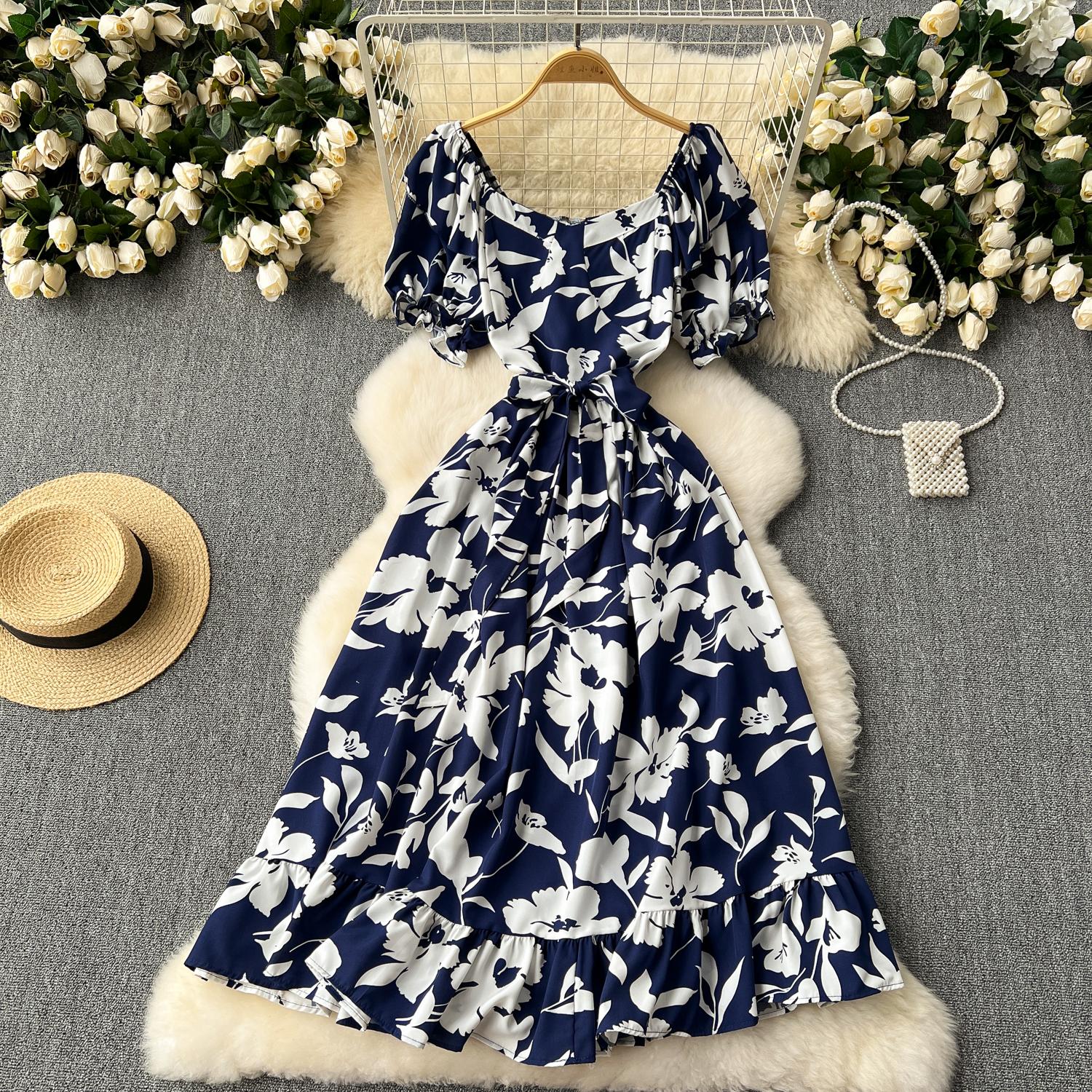 

Французское винтажное элегантное пышное платье с коротким рукавом и квадратным вырезом с принтом на шнуровке, отпускное платье, женское модное летнее весеннее платье One Size синий