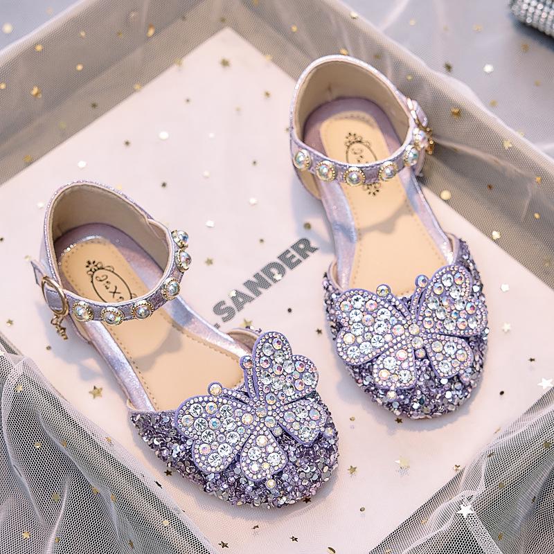 

2025 Девочки Корейский Стиль Блестящие Хрустальные Балетки с Бабочками - Летняя Мягкая Подошва Кожаные Закрытый Носок Обувь 25
