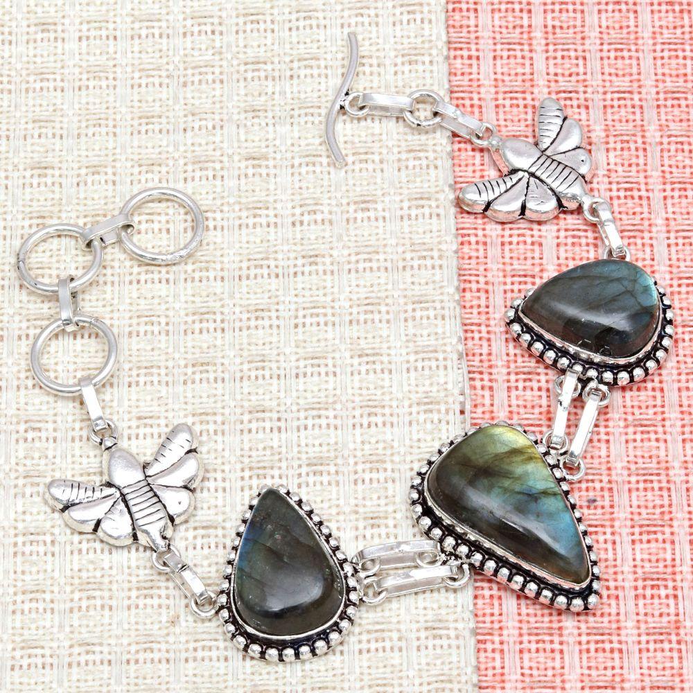 Shiney Labradorite Gemstone Silver Jewelry Bracelets 7''Adjusable