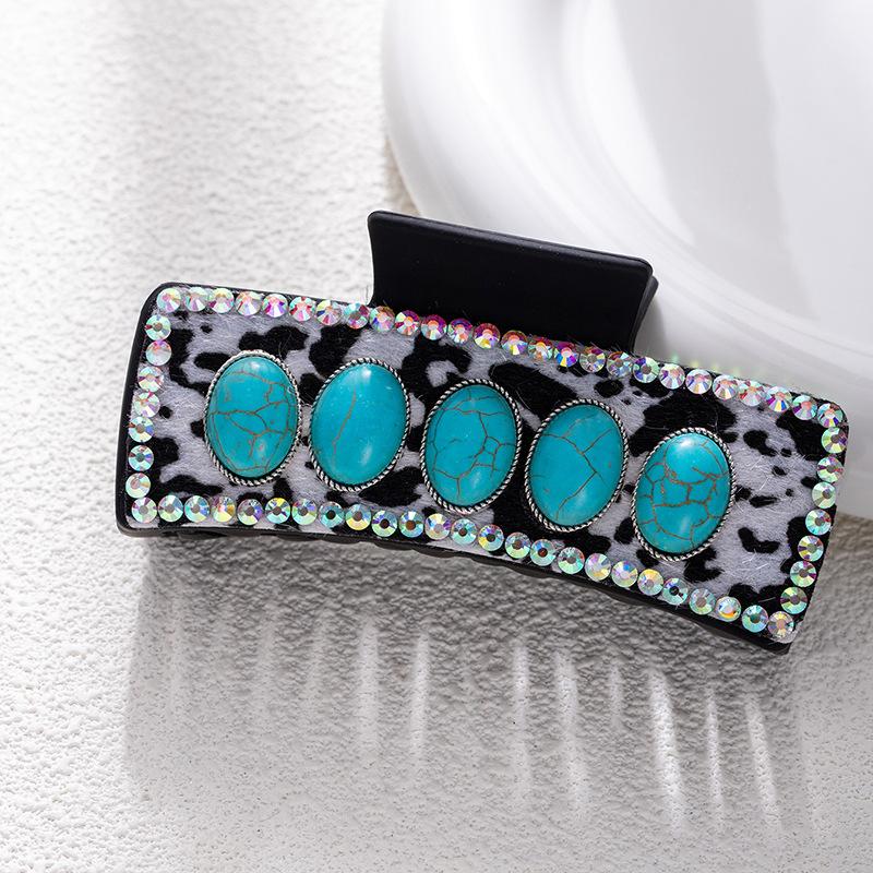 Bohemian Ethnic Style Turquoise Grab Clip Western Style Hairpin Retro Leopard Print Sequined Leather Fashion Disc Hairpin