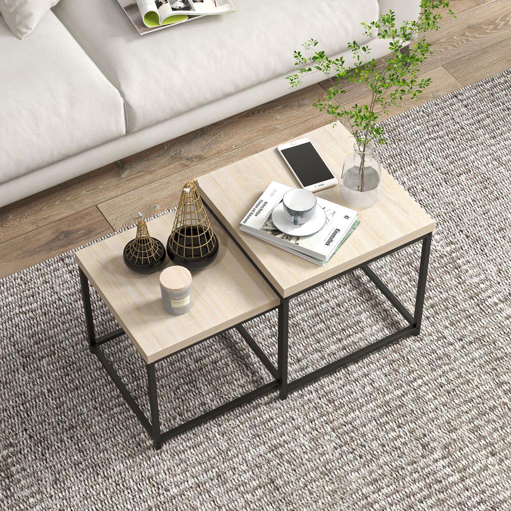 Nesting Coffee Tables, Set of 2, Steel Legs, Oak