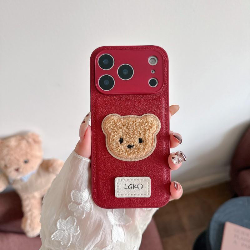New Plain Leather Plush Teddy Bear Suitable IPhone 17 Promax Phone Case Apple 16 Anti Drop Protective