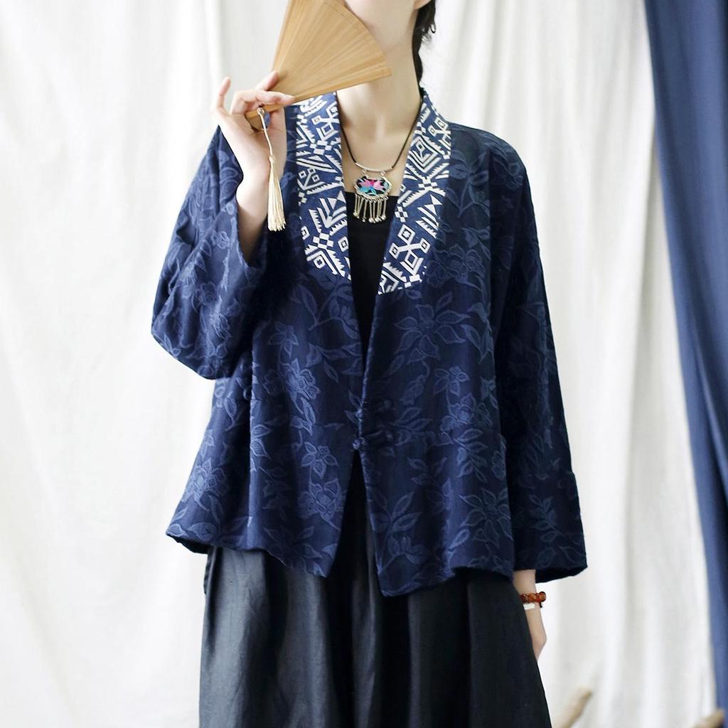 Johnature Dameskjorter med vintage jacquard, V-hals, langermet, marineblå høstbluser, kinesiske dameskjorter med knapper