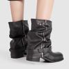 Fashion Black Leather Thick Bottom Botines Para Mujeres Fashion Round Toe Metal Buckle Winter Boot Retro Square Heel Pleated Knight Boot
