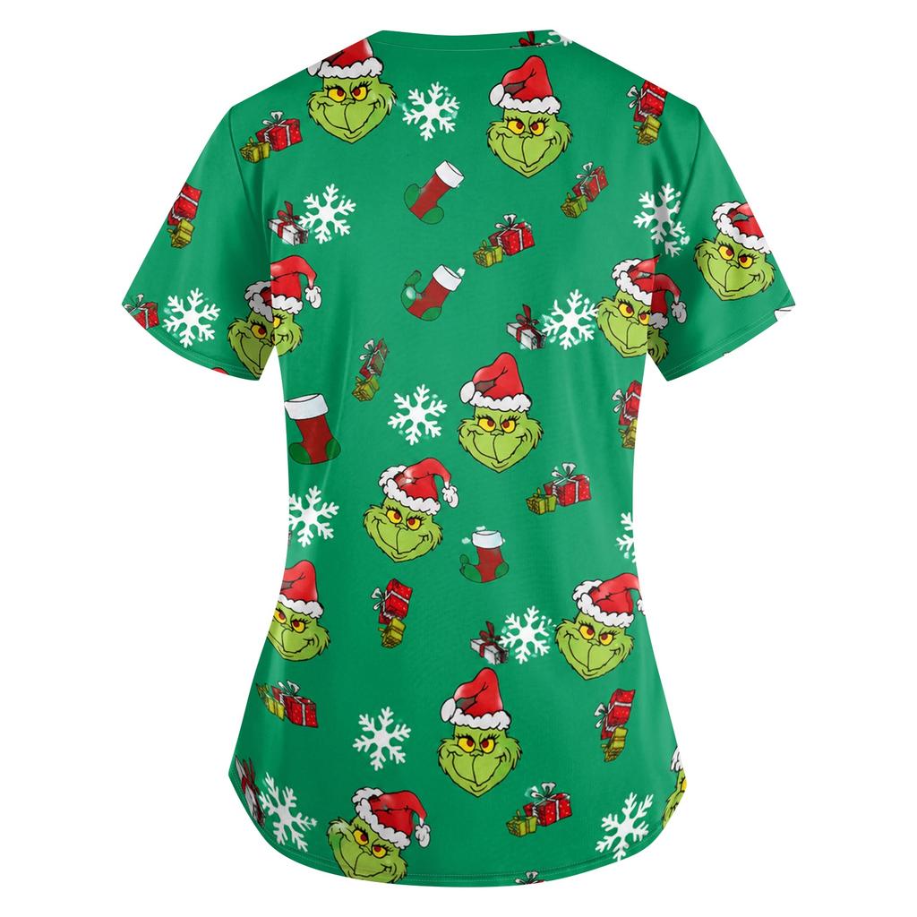 Women's Christmas Print V-Neck Short Sleeve Scrub Top with Pockets, Loose Fit Caregiver