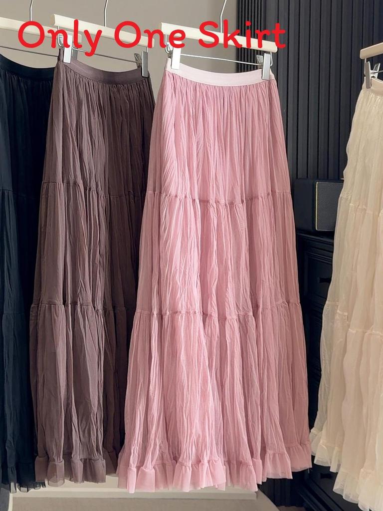 Pure Color Mesh Panel Long Skirt With Pleats For Casual Womens Fashion