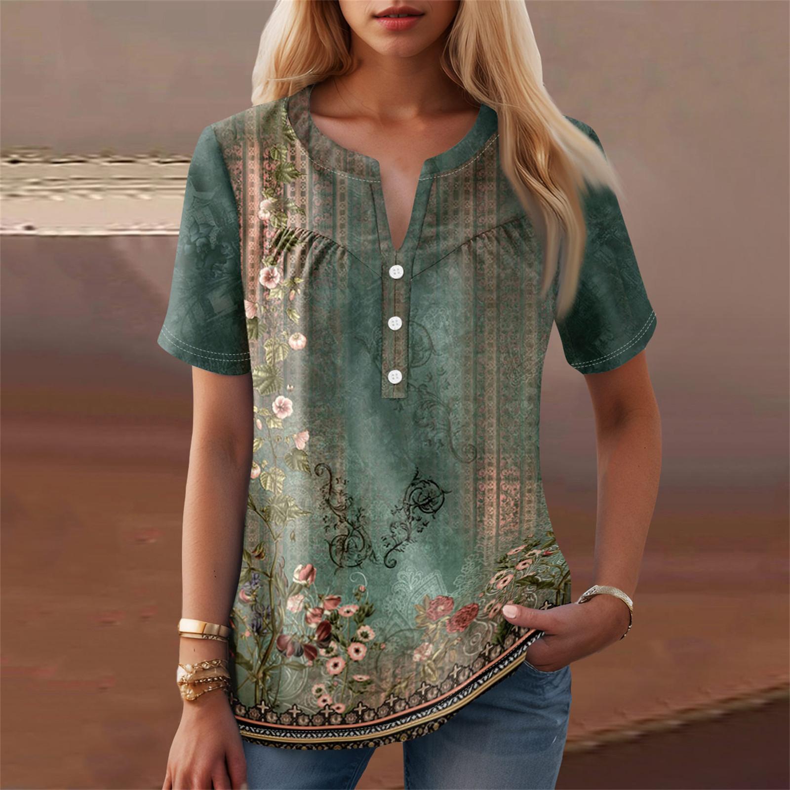 

Женская повседневная футболка с v-образным вырезом и коротким рукавом с цветочным принтом и декоративными пуговицами, топ XXXL
