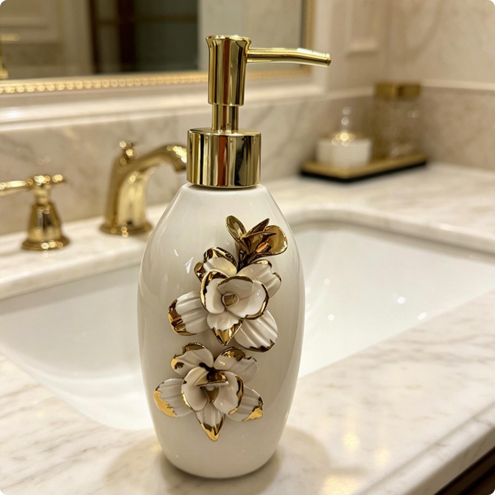 Ceramic Soap Dispenser Glossy White Liquid Soap Dispenser Bathroom Accessory Floral Decorative