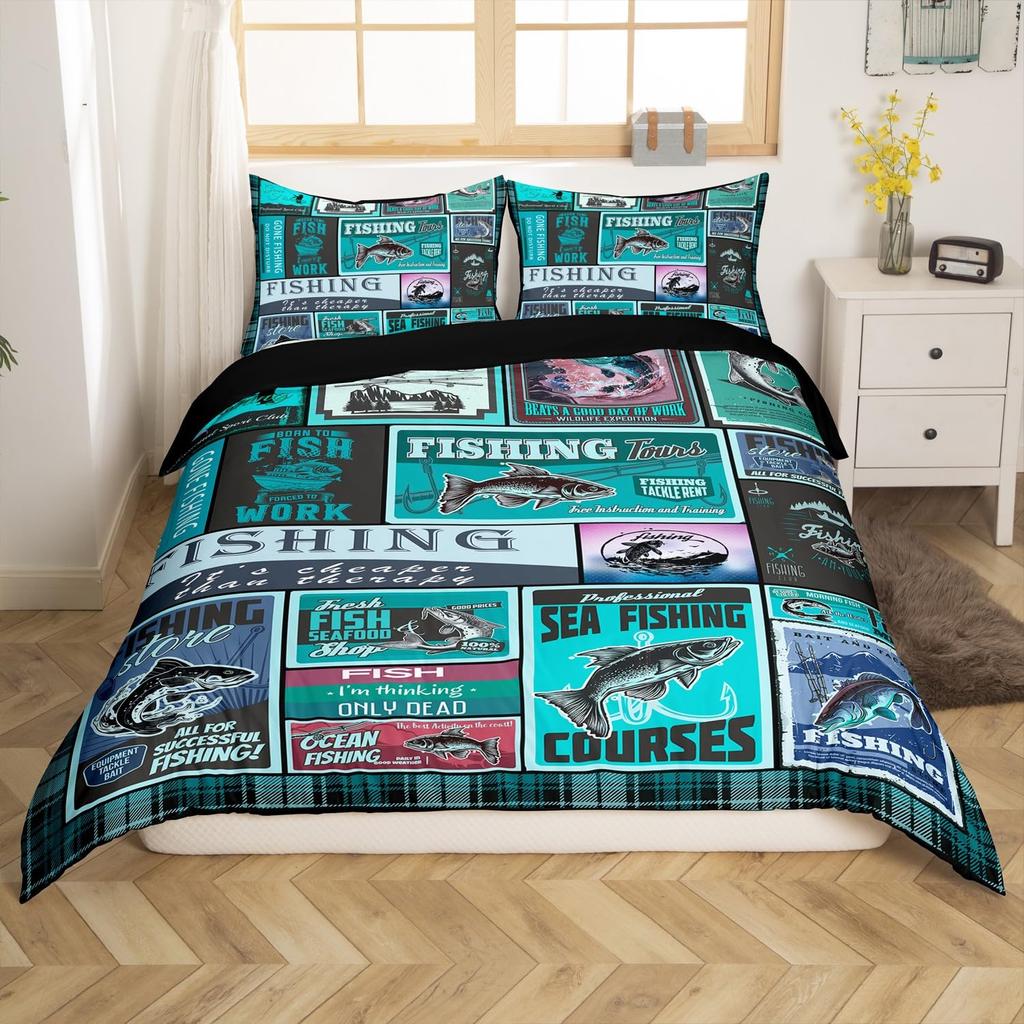 Set Biancheria da Letto Decorativo a Tema Pesca e Caccia per Bambini, Dimensioni Matrimoniale, Copripiumino per Ragazzi, Decorazione Camera da Letto Adolescenti, Set da 3 Pezzi, Senza Piumone