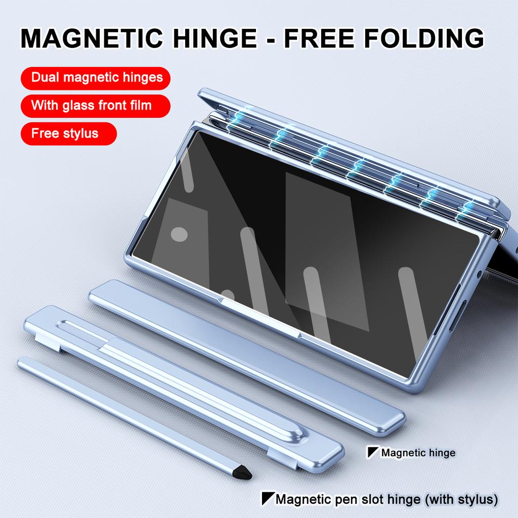 Magnetic Plating Double Hinge Full Body Pen Slot Case+Glass for Samsung Galaxy Z Fold 8 Ultra 7 6 5 Cover with Screen Glass Film