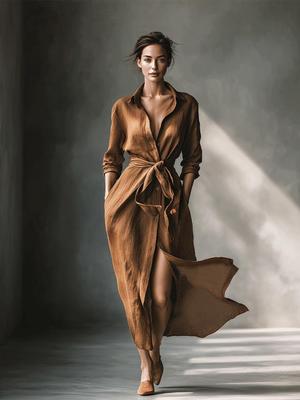 2026 European Style Caramel Brown Women's Commuting & Dating Shirt Dress