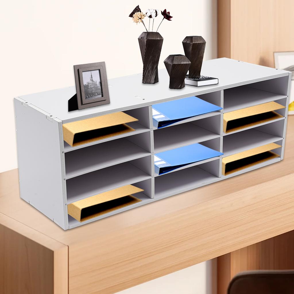 12-Slot White Mail Sorter Organizer W/ 4 Tiered Shelves,Modern Freestanding Desktop Paper Organizer for Office, Home & Classroom