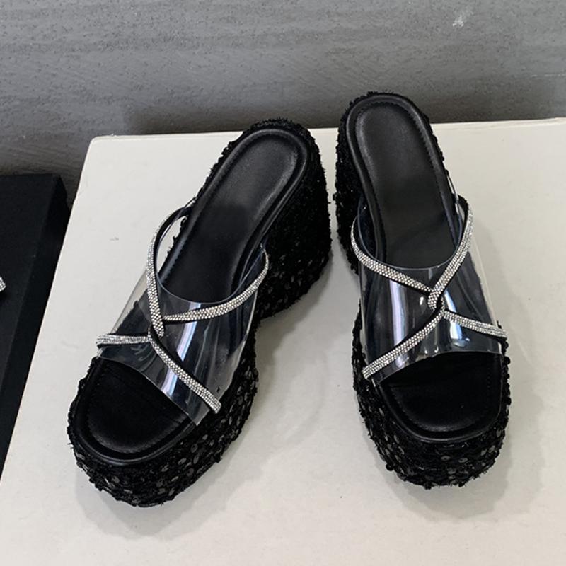 Liyke Summer Wedges Shoes For Women Platform Slippers Fashion Crystal Rhinestone High Heels Square Toe PVC Transparent Sandals