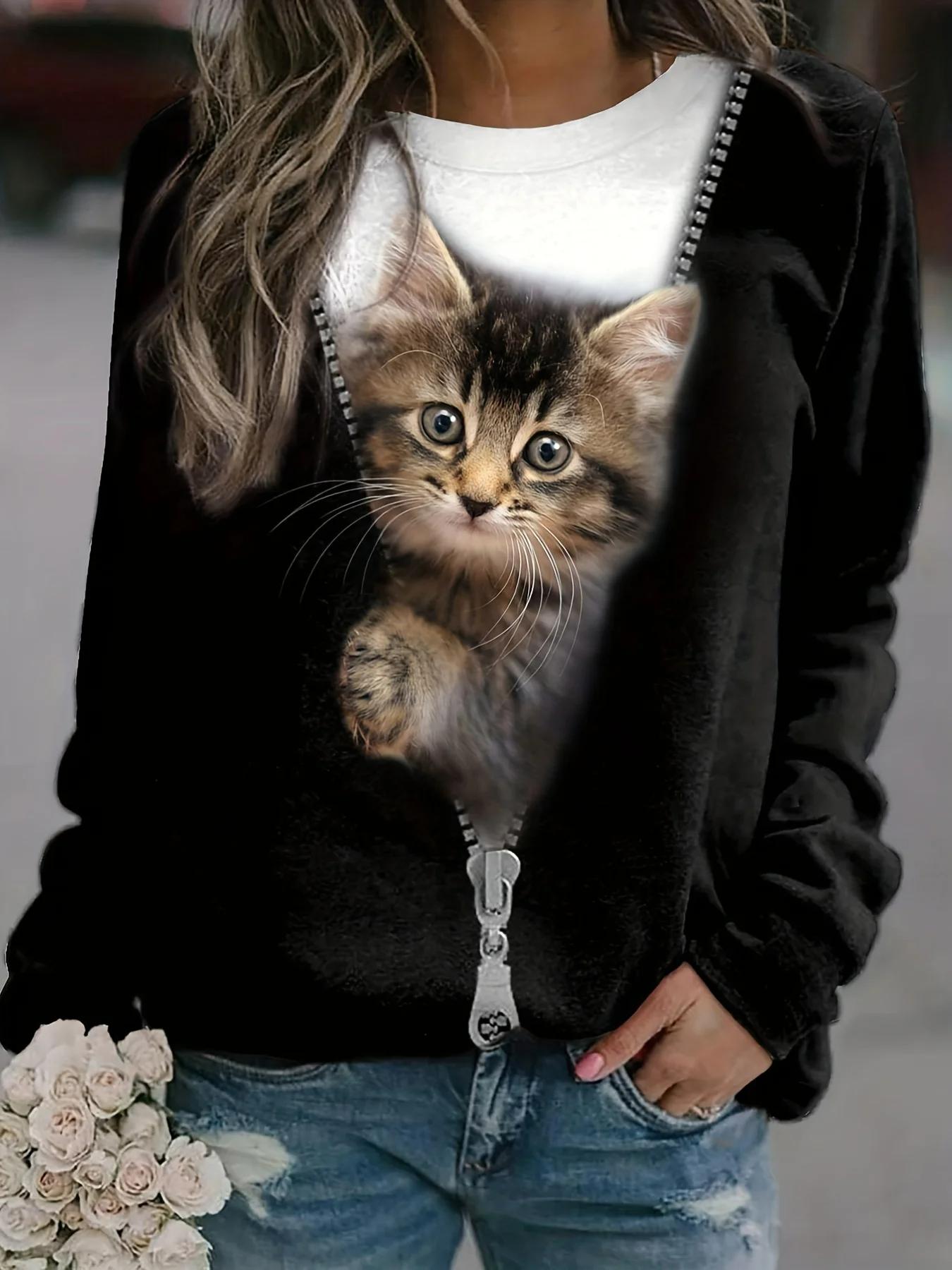 

Fashion 3D cat print women s casual round neck long sleeved T-shirt S