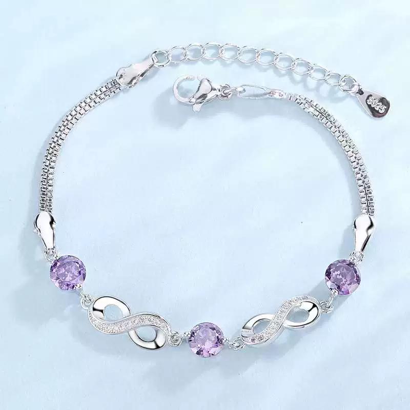 Fashion Clear Purple Zircon Charms  Sterling Silver Bracelet for Women Eternity Infinite Love Bracelet  Gift