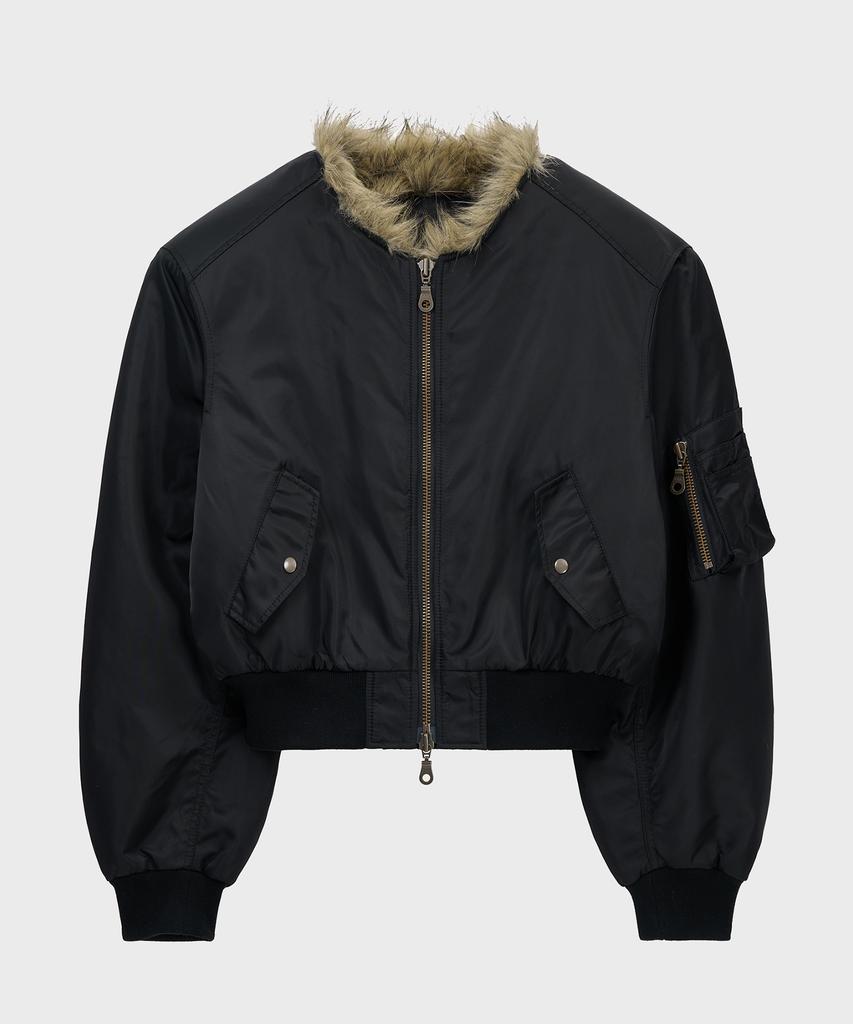 Noirer Shaggy Fur Ma-1 Crop Jacket (Black)