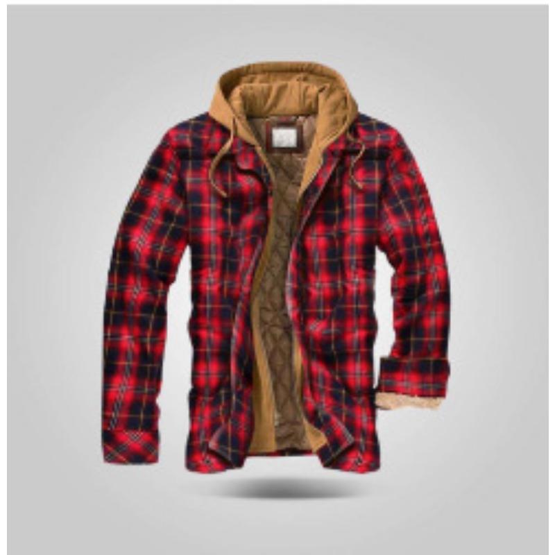 Men's Clothing European and American Autumn and Winter Thickened Cotton-padded Plaid Long-sleeved Loose Hooded Jacket