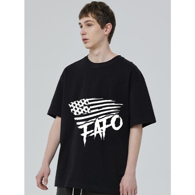 Black T Shirt with American Flag and Fapo Graphic Print for Casual Wear