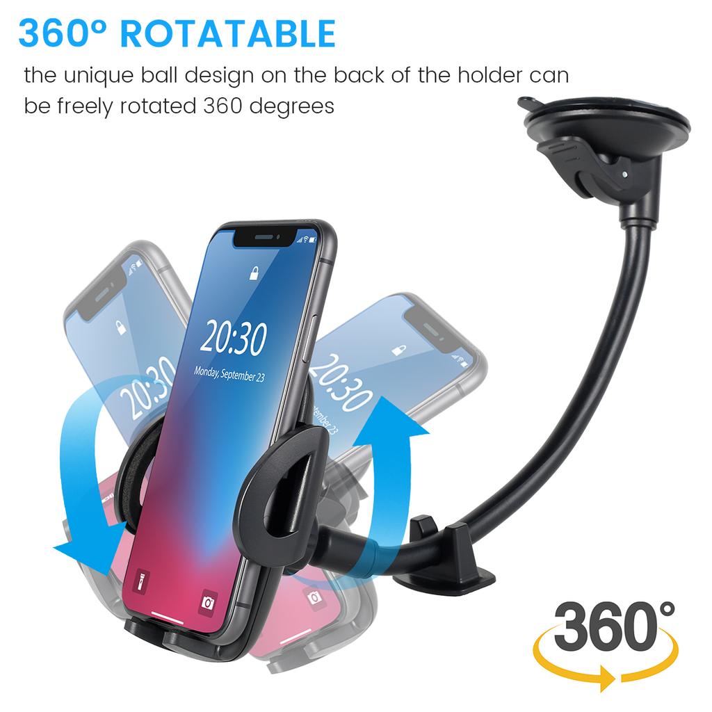 Car Phone Holder Mount 360° Rotatable Long Arm Windshield Phone Cradle with Suction Cup 1.9-4.1in Mounting Seat Non-Slip