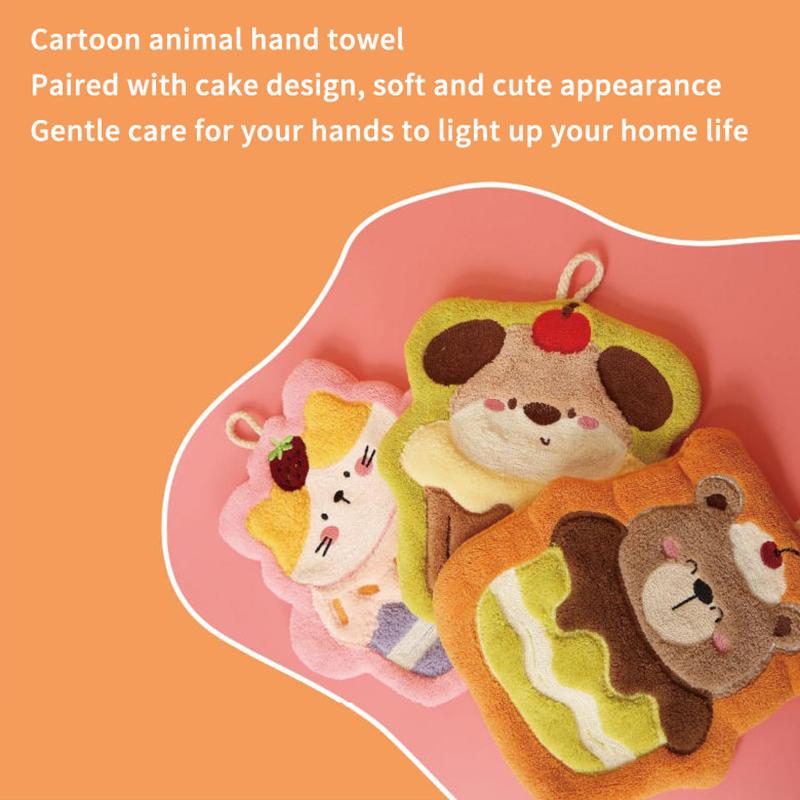 1Pc Cute Cake Animal Hand Towel Soft Coral Velvet With Hanging Loop Quick Drying Absorbent Cleaning Rag For Kitchen Bathroom