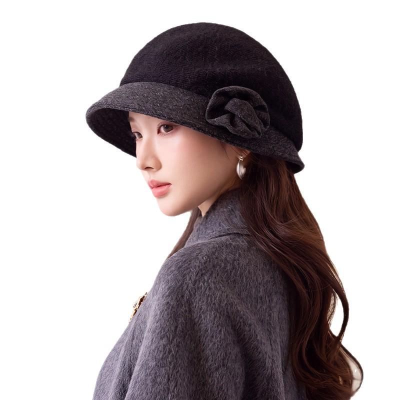 Literary flower bucket hat autumn and winter retro simple pot hat temperament big head circumference show face small hat women's