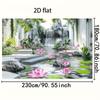 Elegante Chinesische Gartendekoration Seerosenteich mit Wasserfall, Grünpflanzen und Steintreppen Party Hintergrund Banner