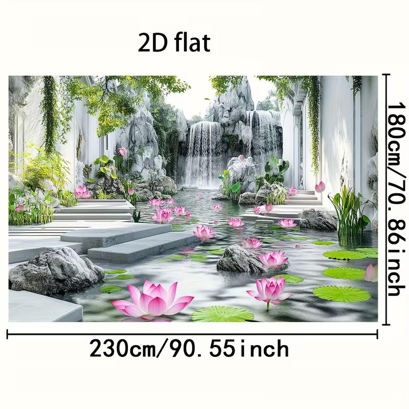 Elegante Chinesische Gartendekoration Seerosenteich mit Wasserfall, Grünpflanzen und Steintreppen Party Hintergrund Banner