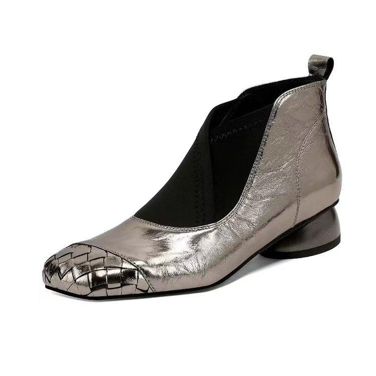 Retro thick heel fashion short boots autumn new embossed square head single boots soft leather low heel boots soft sole