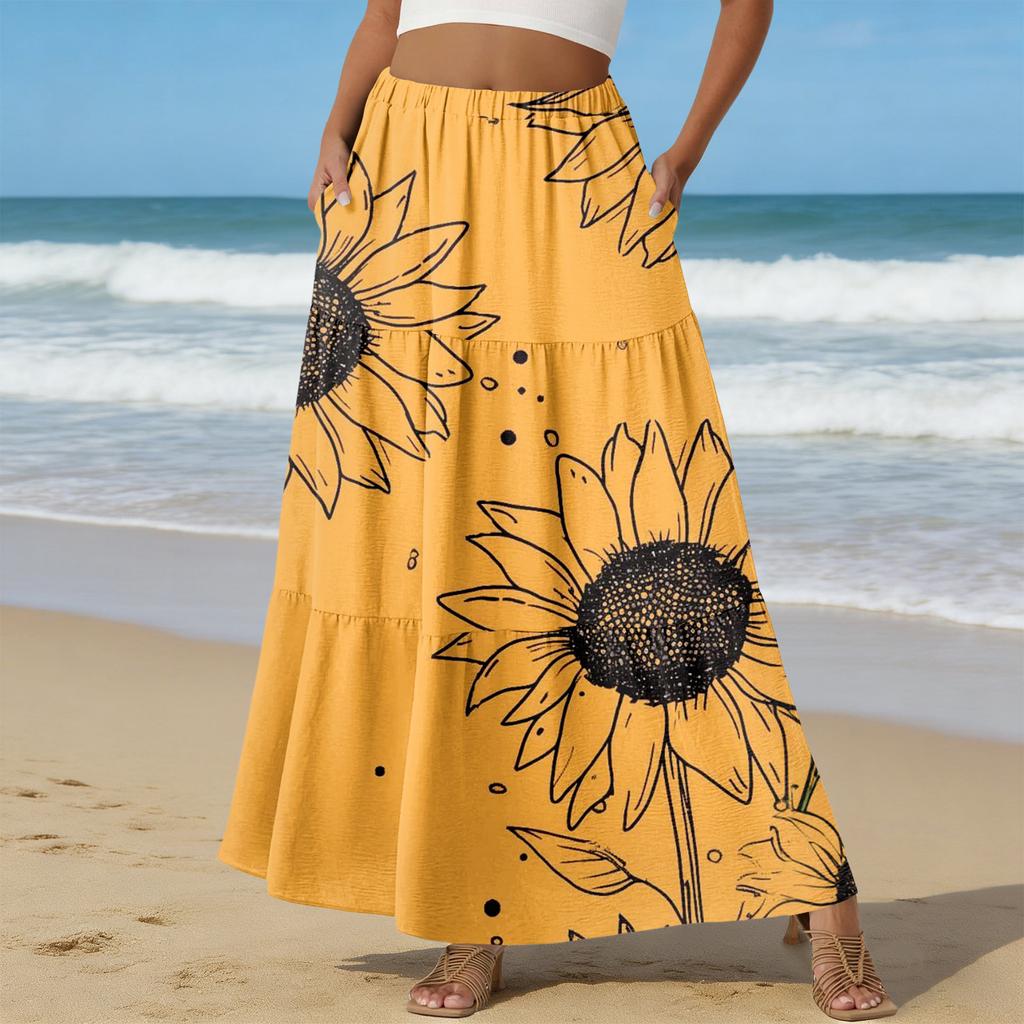 Women's Casual High Waist Drawstring A-line Skirt Color Skirt With Pockets