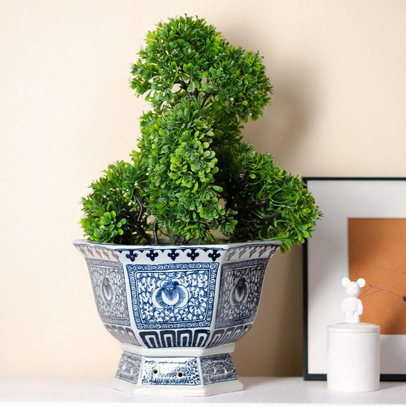 Hexagonal Lotus Flower Bonsai Pot, Blue and White Jingdezhen Ceramic Planter for Orchids and Greenery