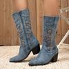 Women Embroidered Denim Western Boots Height Increasing Square Heel Mid-calf Boots for Office Nightclub Evening Party Banquet