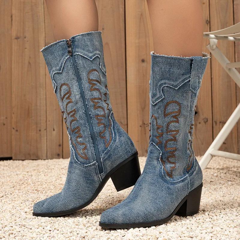 Women Embroidered Denim Western Boots Height Increasing Square Heel Mid-calf Boots for Office Nightclub Evening Party Banquet