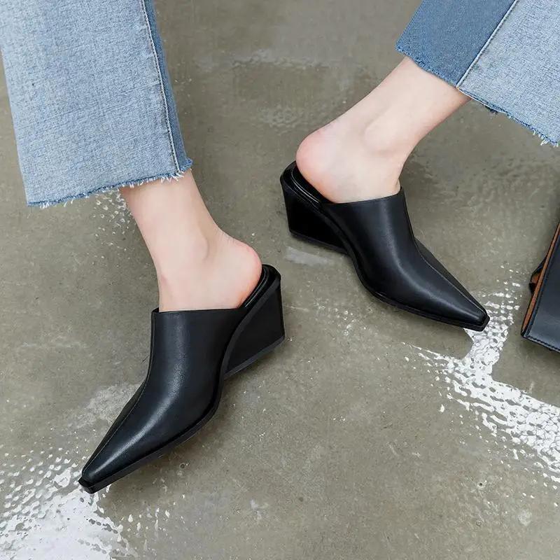 Shoes Woman Slippers Loafers Luxury Slides Female Women Shoes Cover Toe Square Heel on A Wedge Heeled Mules