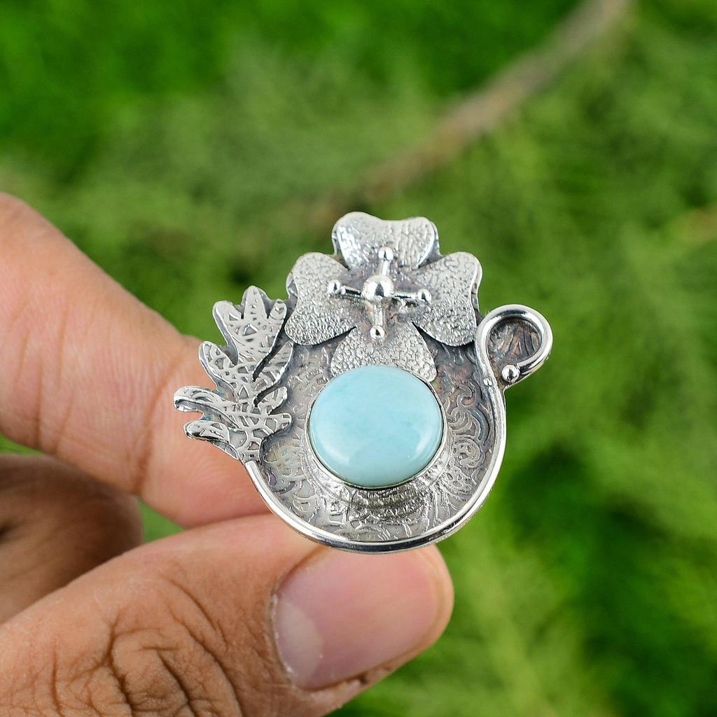 Gift For Her Natural Larimar Multi Stone Flower Adjustable Ring 925 Silver