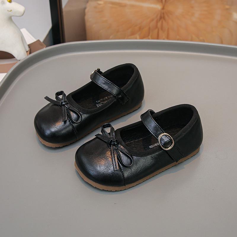 Girls' Bow Princess Shoes - 2026 Spring/Autumn Korean Style, Cute Leather with Magic Strap
